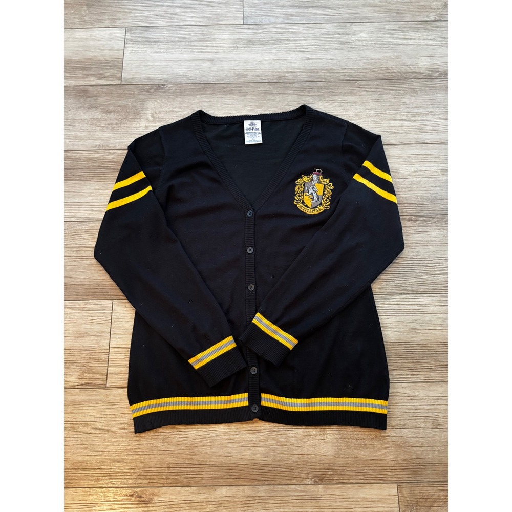 Harry Potter Hufflepuff Cardigan Sweater Black Yellow Varsity Stripe Womens XXL